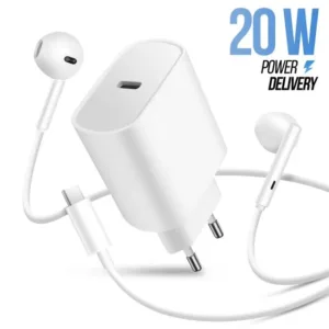 Pack 2-en-1 : Chargeur Secteur USB-C 20W + Écouteurs Filaires USB Type C, Kit Main Libre - Blanc
