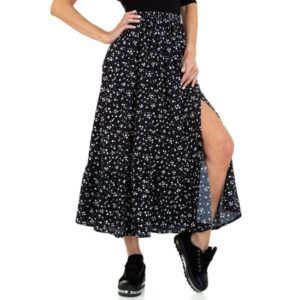 Jupe Femme longue fendue motif fleuri noir