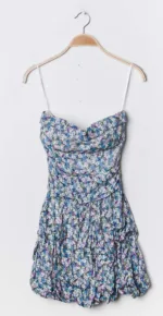 Robe-bustier-fleurie-volant-Couleur-Bleu-Taille-Unique