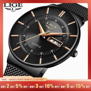 LIGE-Montre à quartz de luxe pour homme, étanche, ultra fine, date, horloge, bracelet en acier, décontracté, sport, 2024