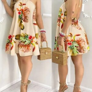 Robe à col licou à imprimé tropical, robe dos nu de style vacances pour le printemps et l'été, vêtements pour femmes