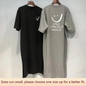 Robe T-shirt à manches courtes pour femme, style preppy polyvalent, coupe adt, fente latérale, longueur moyenne, imprimé, style coréen