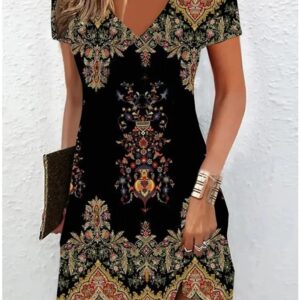 Robes mi-longues vintage pour femmes, style ethnique, imprimé floral, grande taille, décontracté, manches courtes, pull, col en V, 2024