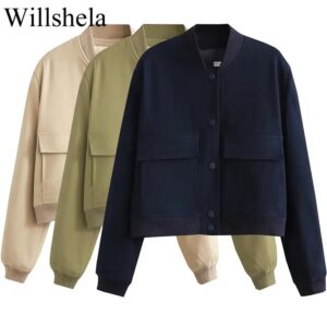 Willshela-Blousons aviateur monochromes pour femmes, manteau avec poches, col en V, simple boutonnage, manches longues, tenues chics pour femmes, mode féminine
