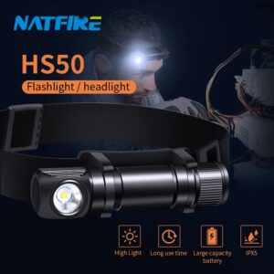 NATFIRE – lampe frontale à LED HS50, EDC 18650, Rechargeable par USB C, lumière vive, torche d'extérieur, avec capuchon de queue magnétique, 1000lm