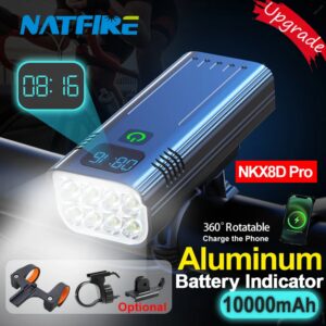 NATFIRE 10000mAh lampe de vélo indicateur de batterie numérique USB Rechargeable ensemble de lampes de vélo avec 3 supports 7000LM 8 LED lampe de poche