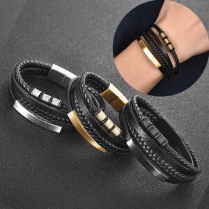 Bijoux en Cuir et Acier Inoxydable pour Hommes: Bracelet Multicouche Tissé à la Main