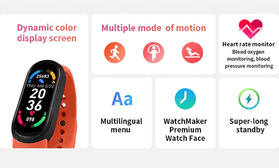 Montre connectée M6 pour hommes et femmes, bracelet de sport multifonction étanche, moniteur de fréquence cardiaque et de pression artérielle