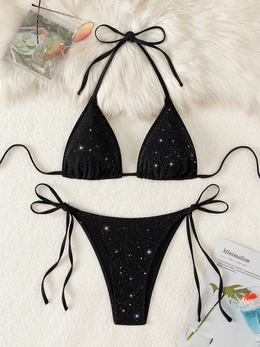 Brillant scintillant licou à bretelles Bikini 2025 coupe haute Bikinis femme maillot de bain femmes maillots de bain deux pièces Bikini ensemble maillot de bain
