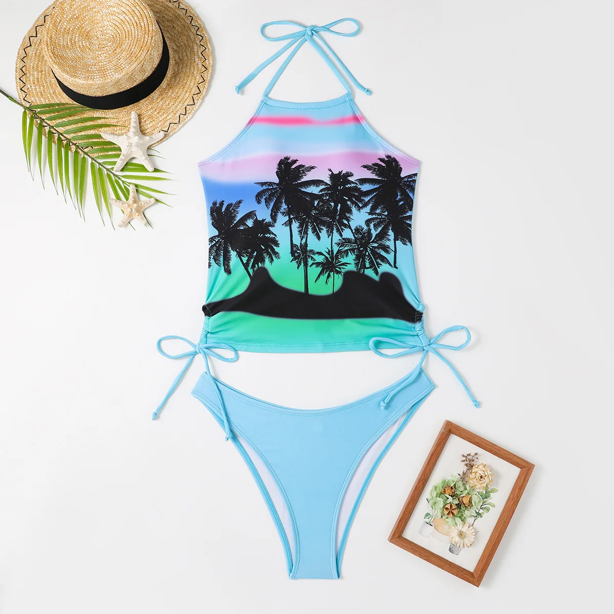 Maillot de bain femme noix de coco cordon côté licou cou Tankini ensemble vêtements de plage maillots de bain mignons mode maillot de bain fendu 2025 nouveau