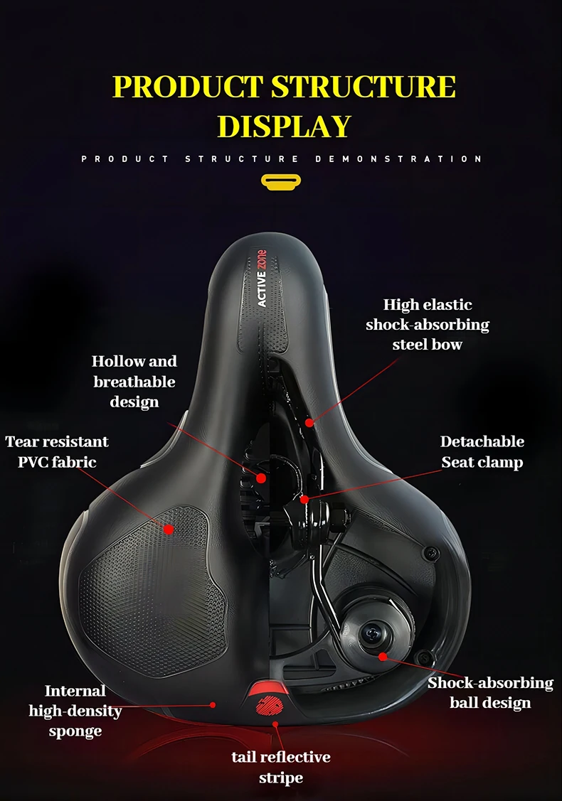 Selle de vélo creuse et respirante pour hommes et femmes, vélo de route VTT, absorbant les chocs, confortable, gros fesses, siège de vélo, avertissement de sécurité