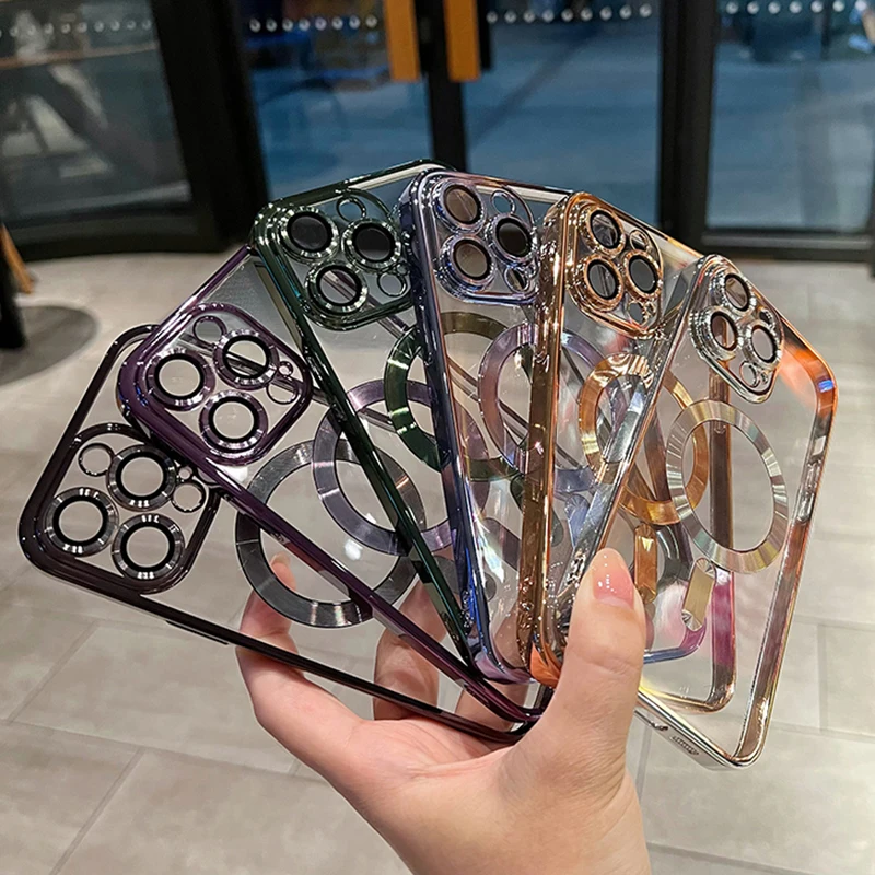 Coque magnétique de luxe pour iPhone 11, 12, 13, 14, 15, 16 Pro Max, étui transparent antichoc en silicone avec chargement sans fil Magsafe