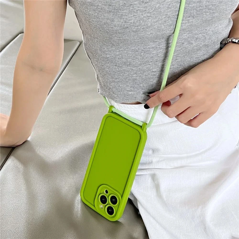 Crossbody Lanyard Necklace Cord Rope Case For iPhone 16 11 12 13 14 15 Pro Max XS X XR 8 7 Plus Soft Silicone Solid Color Cover