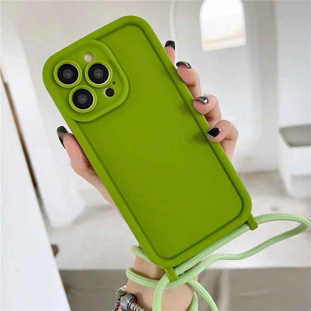 Crossbody Lanyard Necklace Cord Rope Case For iPhone 16 11 12 13 14 15 Pro Max XS X XR 8 7 Plus Soft Silicone Solid Color Cover