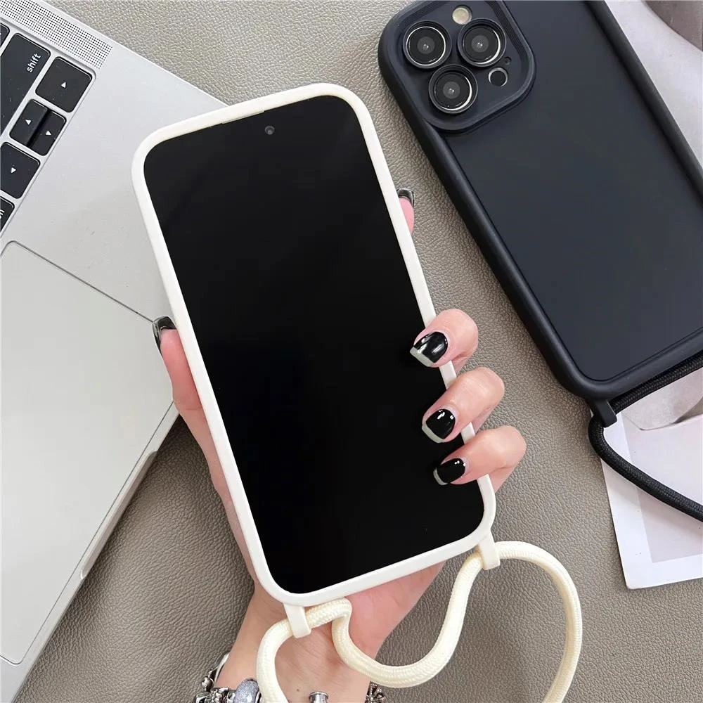 Crossbody Lanyard Necklace Cord Rope Case For iPhone 16 11 12 13 14 15 Pro Max XS X XR 8 7 Plus Soft Silicone Solid Color Cover