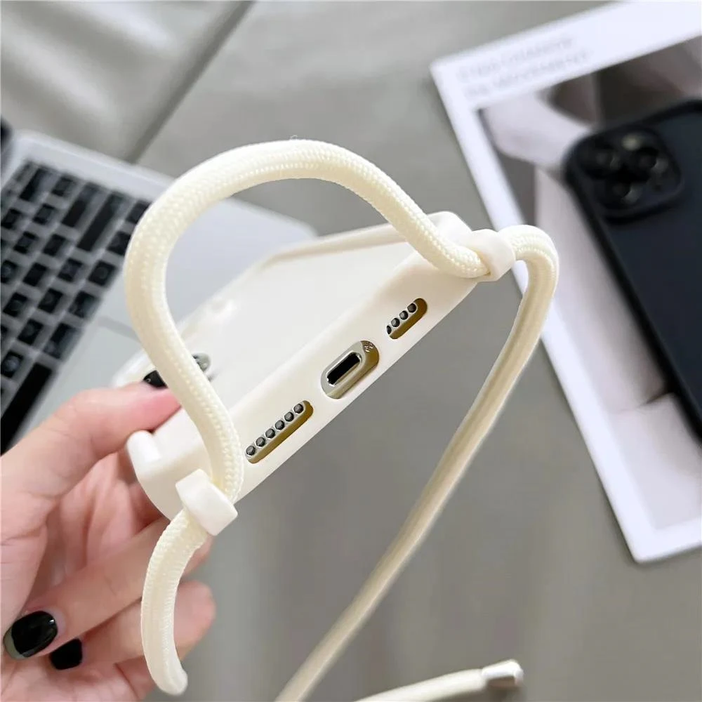Crossbody Lanyard Necklace Cord Rope Case For iPhone 16 11 12 13 14 15 Pro Max XS X XR 8 7 Plus Soft Silicone Solid Color Cover