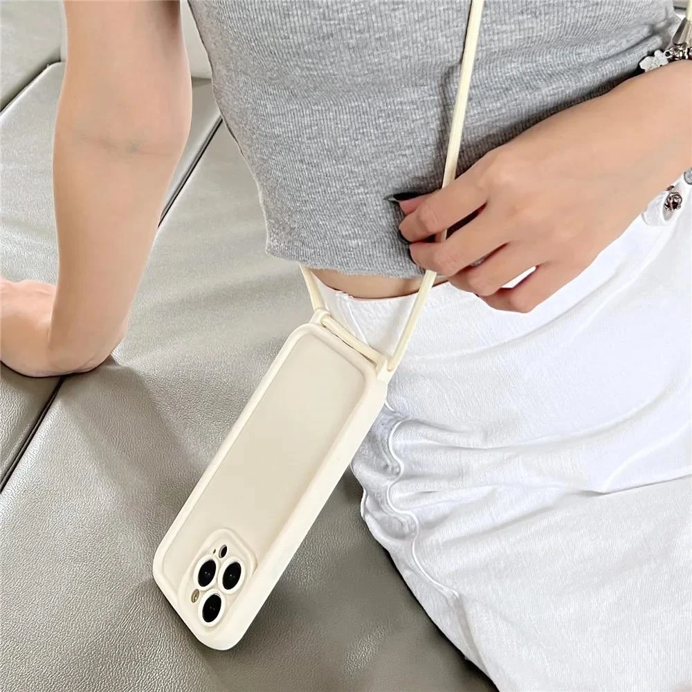 Crossbody Lanyard Necklace Cord Rope Case For iPhone 16 11 12 13 14 15 Pro Max XS X XR 8 7 Plus Soft Silicone Solid Color Cover