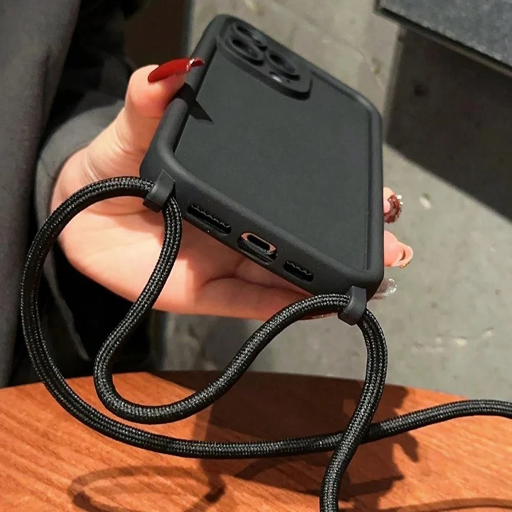 Crossbody Lanyard Necklace Cord Rope Case For iPhone 16 11 12 13 14 15 Pro Max XS X XR 8 7 Plus Soft Silicone Solid Color Cover