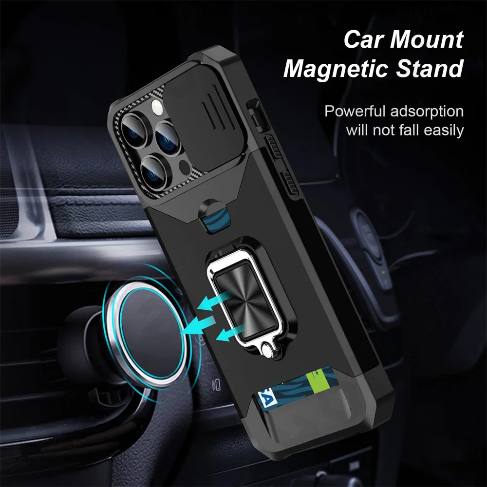 Case For iPhone 16 15 14 13 12 11 Pro Max XS XR Plus Slide Camera Card Holder Slot Duty Wallet Protective With Ring Stand Cover Case For iPhone 16 15 14 13 12 11 Pro Max XS XR Plus Slide Camera Card Holder Slot Duty Wallet Protective With Ring Stand Cover