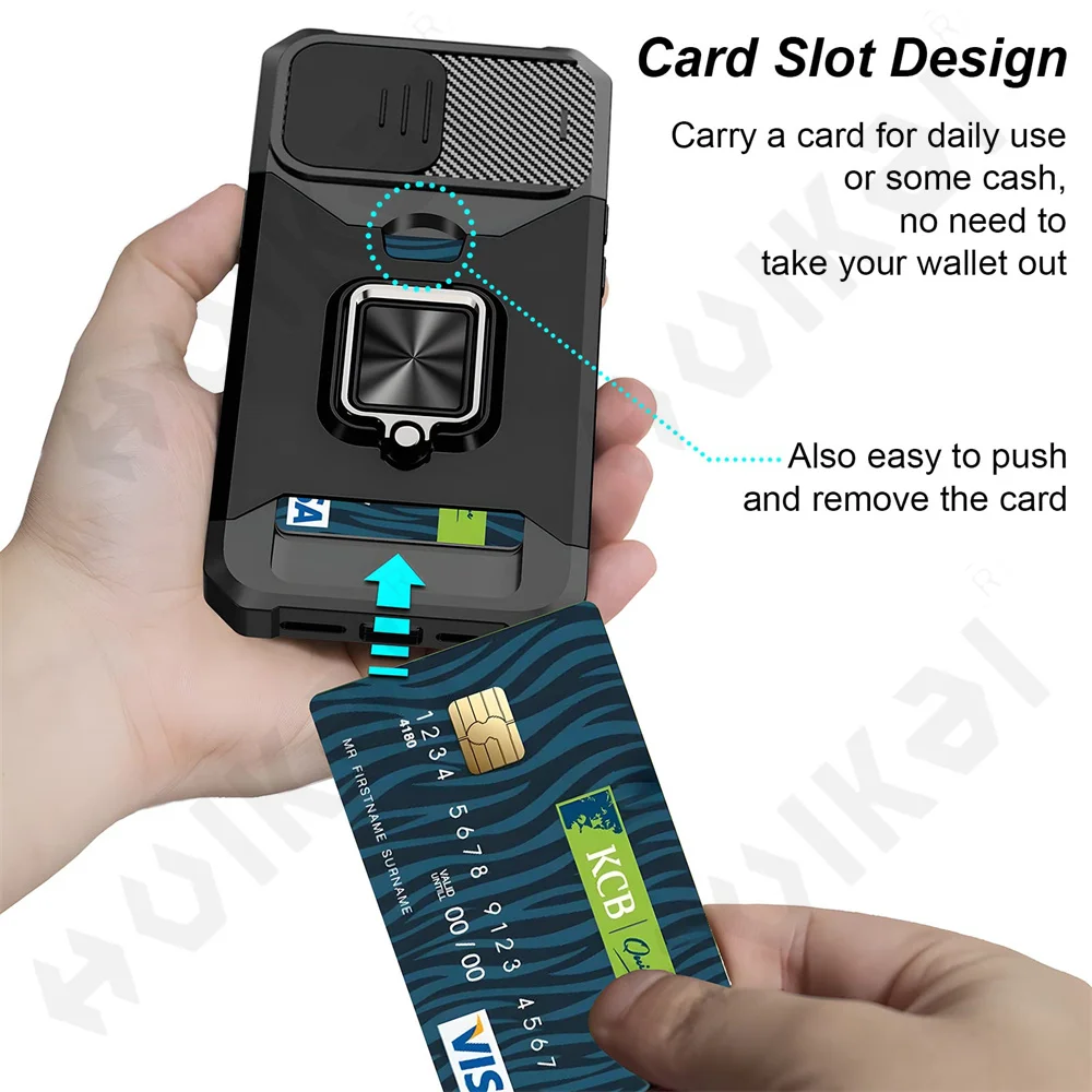 Case For iPhone 16 15 14 13 12 11 Pro Max XS XR Plus Slide Camera Card Holder Slot Duty Wallet Protective With Ring Stand Cover Case For iPhone 16 15 14 13 12 11 Pro Max XS XR Plus Slide Camera Card Holder Slot Duty Wallet Protective With Ring Stand Cover