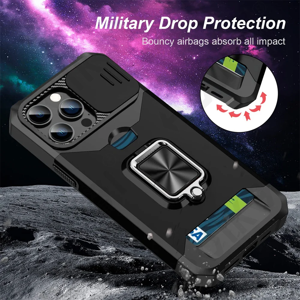 Case For iPhone 16 15 14 13 12 11 Pro Max XS XR Plus Slide Camera Card Holder Slot Duty Wallet Protective With Ring Stand Cover Case For iPhone 16 15 14 13 12 11 Pro Max XS XR Plus Slide Camera Card Holder Slot Duty Wallet Protective With Ring Stand Cover