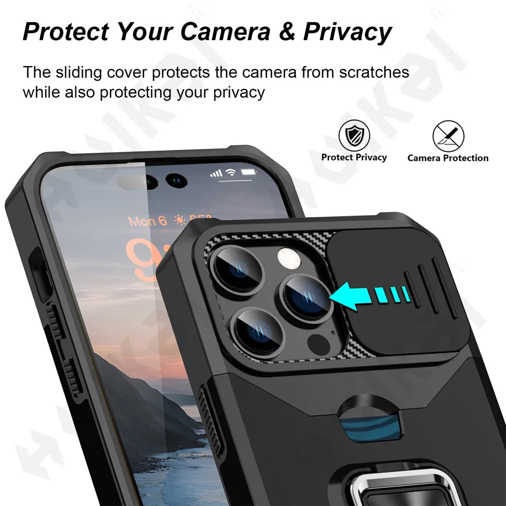 Case For iPhone 16 15 14 13 12 11 Pro Max XS XR Plus Slide Camera Card Holder Slot Duty Wallet Protective With Ring Stand Cover Case For iPhone 16 15 14 13 12 11 Pro Max XS XR Plus Slide Camera Card Holder Slot Duty Wallet Protective With Ring Stand Cover