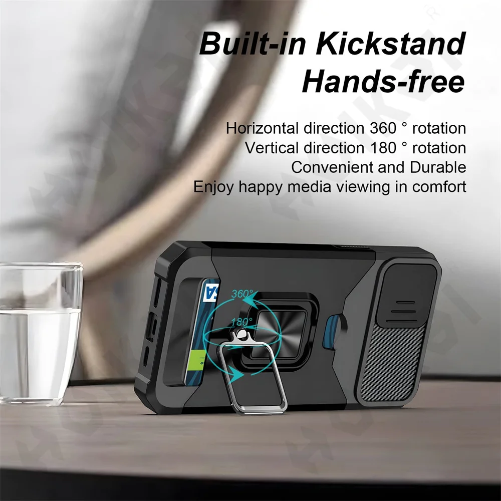 Case For iPhone 16 15 14 13 12 11 Pro Max XS XR Plus Slide Camera Card Holder Slot Duty Wallet Protective With Ring Stand Cover Case For iPhone 16 15 14 13 12 11 Pro Max XS XR Plus Slide Camera Card Holder Slot Duty Wallet Protective With Ring Stand Cover