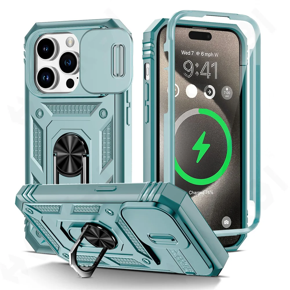 Case For iPhone 16 15 14 13 12 11 Pro XS Max XR Plus Camera Slide Military Grade Armor Protection 360 Degree Rotate Armor Cover