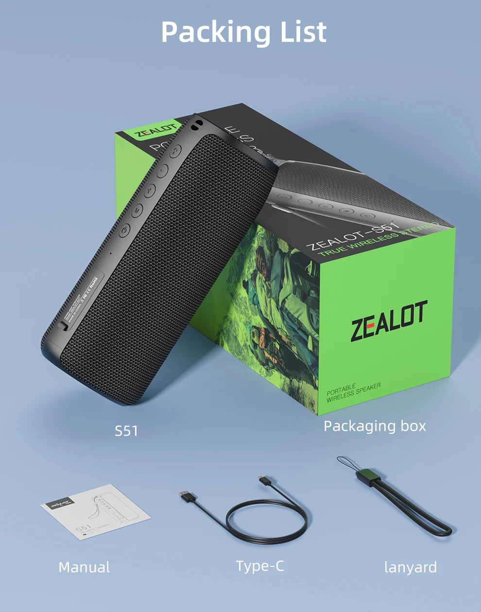 ZEALOT-S51 haut-parleur Bluetooth Portable TWS caisson de basses sans fil haut-parleurs extérieurs étanches Boombox AUX TF haut-parleur stéréo