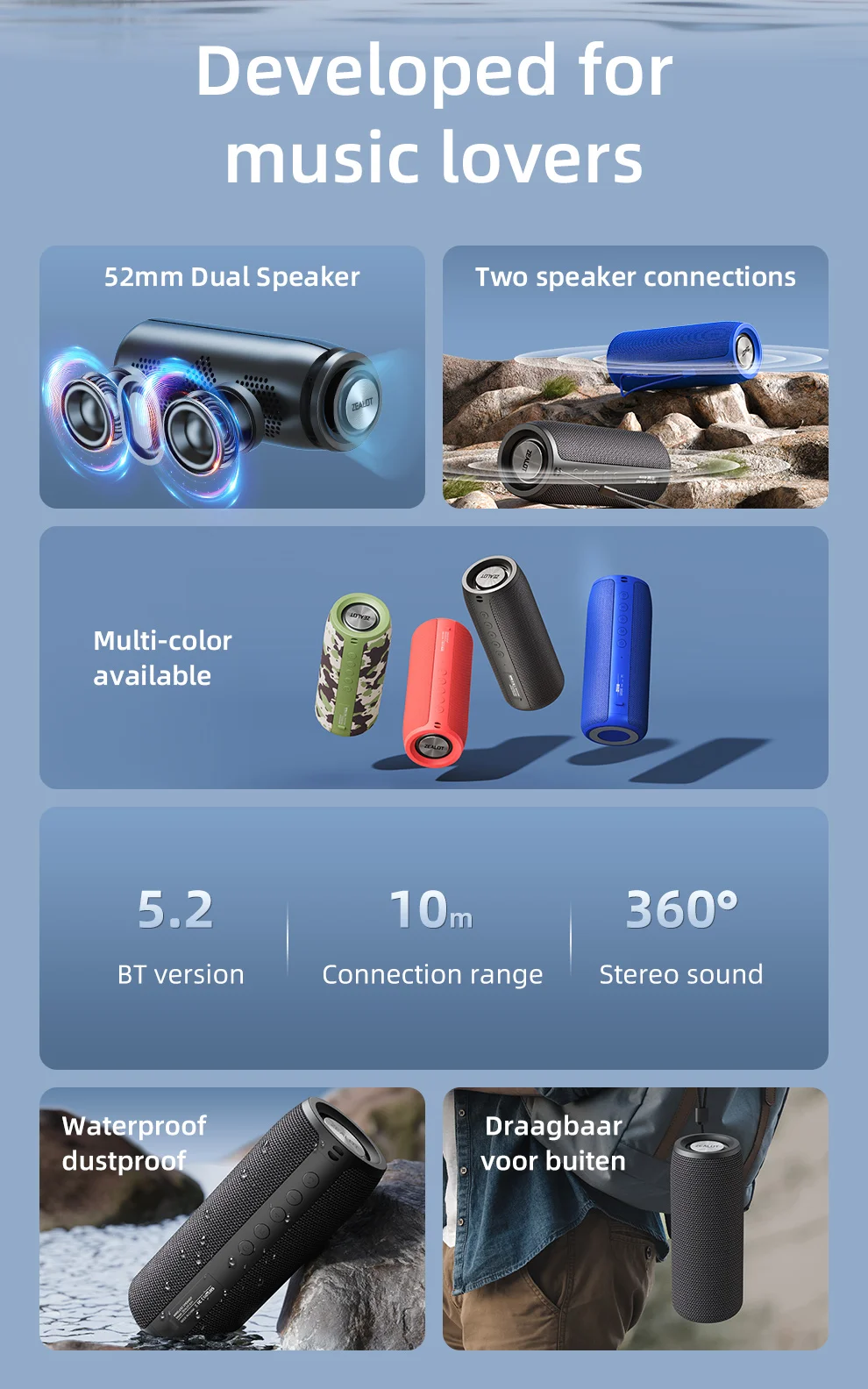 ZEALOT-S51 haut-parleur Bluetooth Portable TWS caisson de basses sans fil haut-parleurs extérieurs étanches Boombox AUX TF haut-parleur stéréo