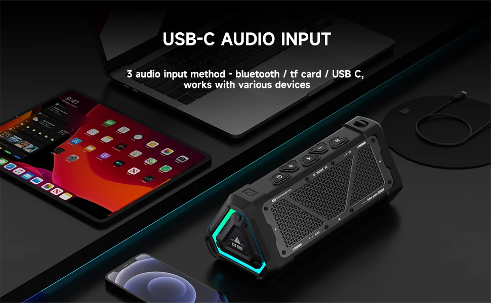 MLOVE P3 haut-parleur Bluetooth extérieur, puissance de sortie 40W haut-parleur Bluetooth 5.3, son stéréo IPX7 étanche, carte Micro SD, lumière RGB