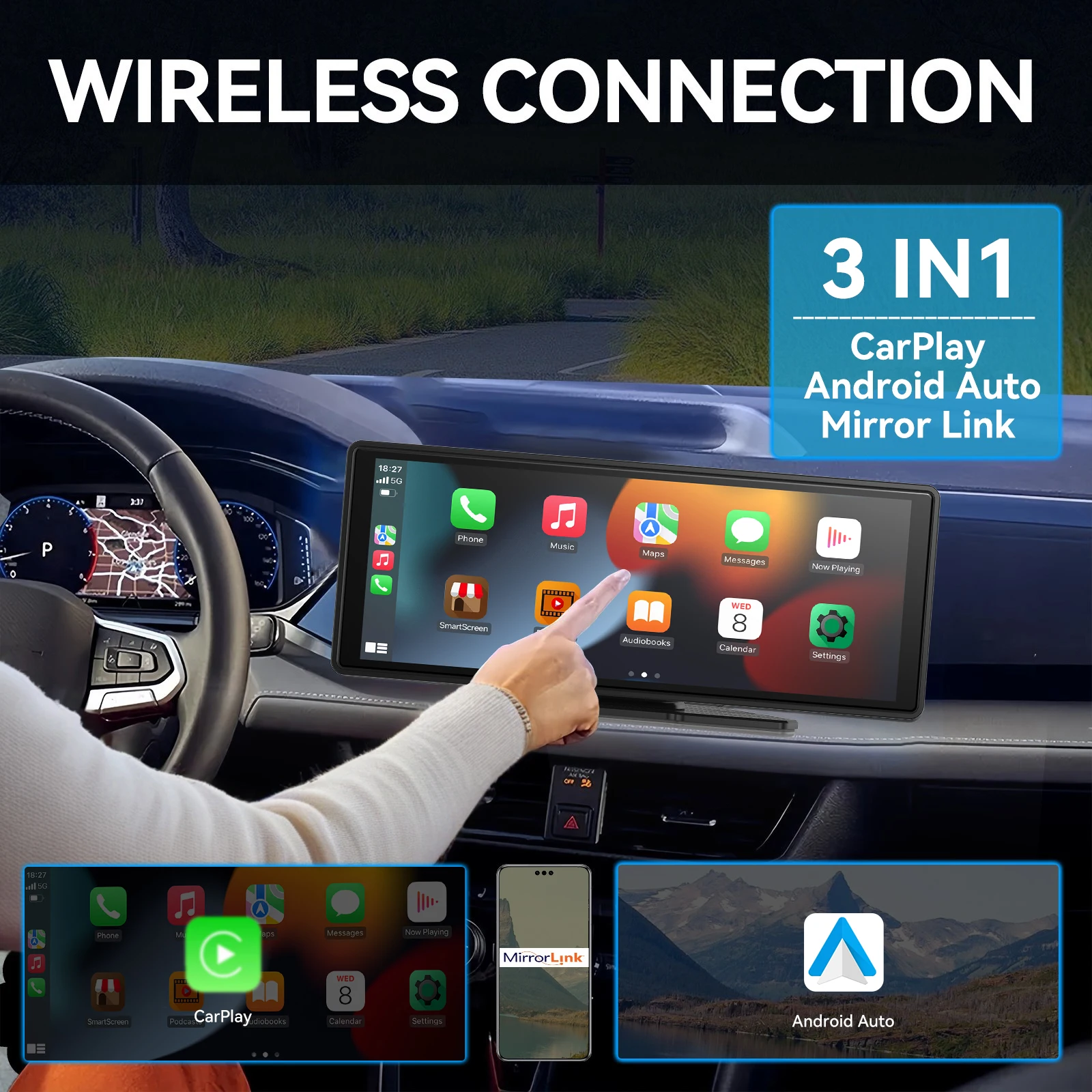 Carplay portable universel pour écran de voiture, écran Carplay sans fil stéréo de voiture sans fil avec Carplay Android Auto, écran tactile de voiture Carplay portable universel pour écran de voiture, écran Carplay sans fil stéréo de voiture sans fil avec Carplay Android Auto, écran tactile de voiture