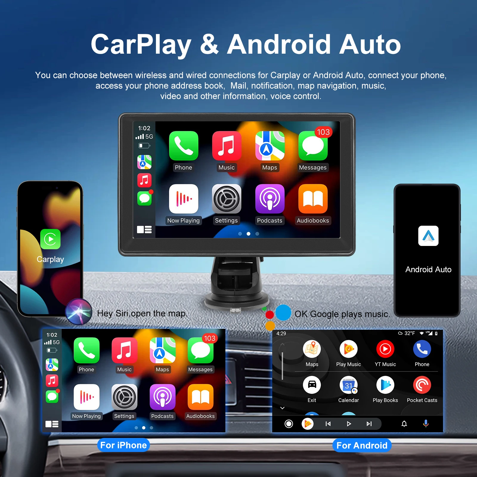 Hikity-Lecteur MP5 Carplay Portable pour Voiture, 7 Pouces, Intelligent, Compatible avec Android Auto, Apple Aiplay, Bluetooth, Musique