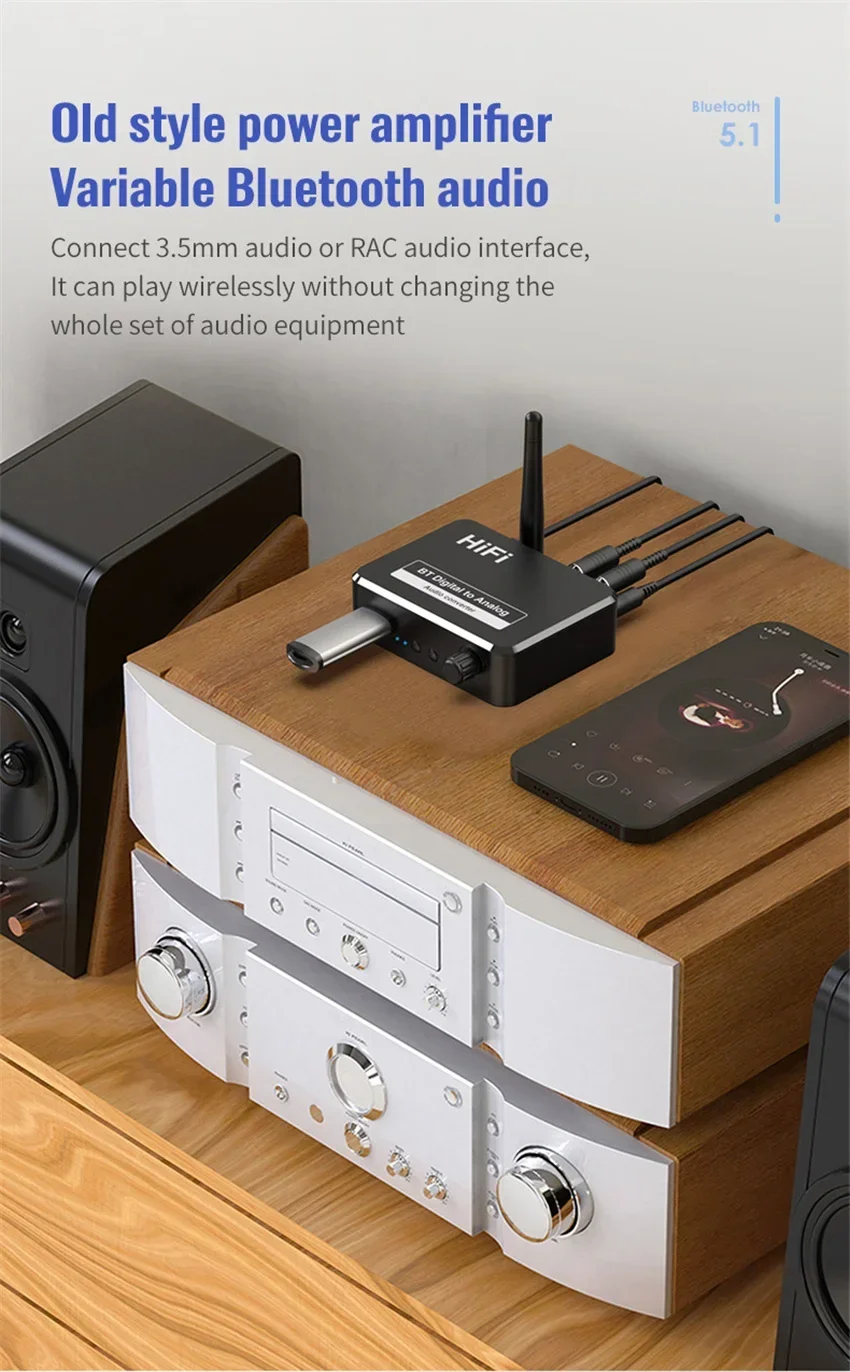 DAC Bluetooth 5.1 récepteur Audio convertisseur numérique vers analogique 3.5mm AUX RCA L/R u-disk optique stéréo Hifi 2 en 1 adaptateur sans fil