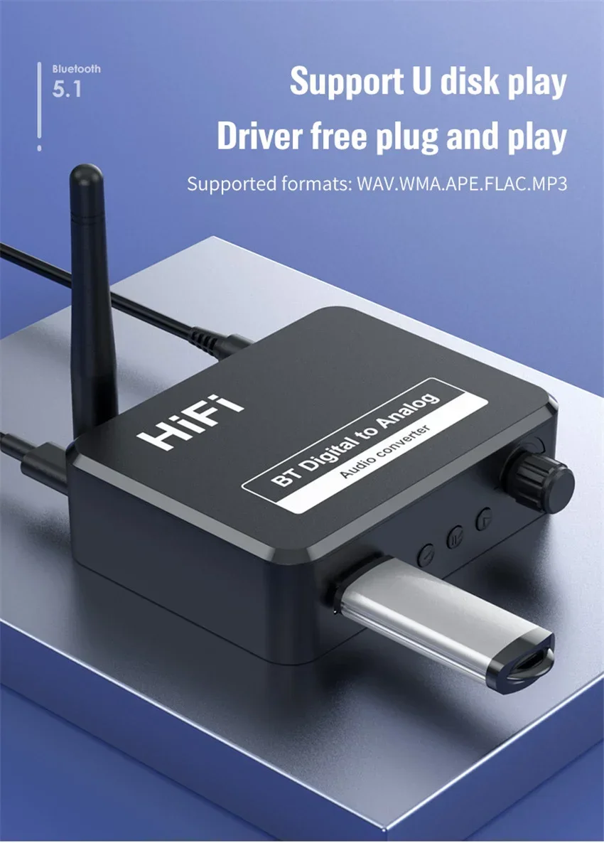 DAC Bluetooth 5.1 récepteur Audio convertisseur numérique vers analogique 3.5mm AUX RCA L/R u-disk optique stéréo Hifi 2 en 1 adaptateur sans fil