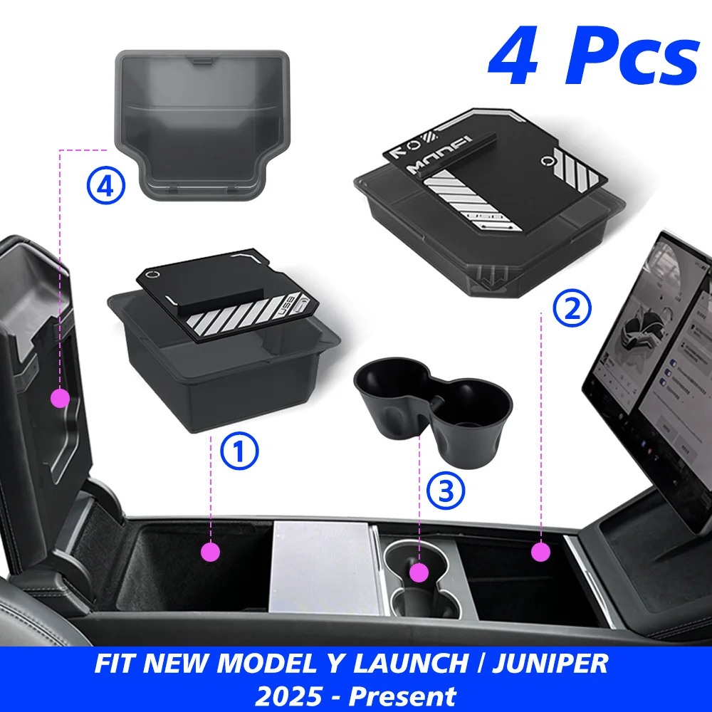 Pour Tesla nouveau modèle Y 2025 lancement jépine ABS avec tapis antidérapant en Silicone Console et accoudoir boîte de rangement tasse d'eau supérieure et inférieure