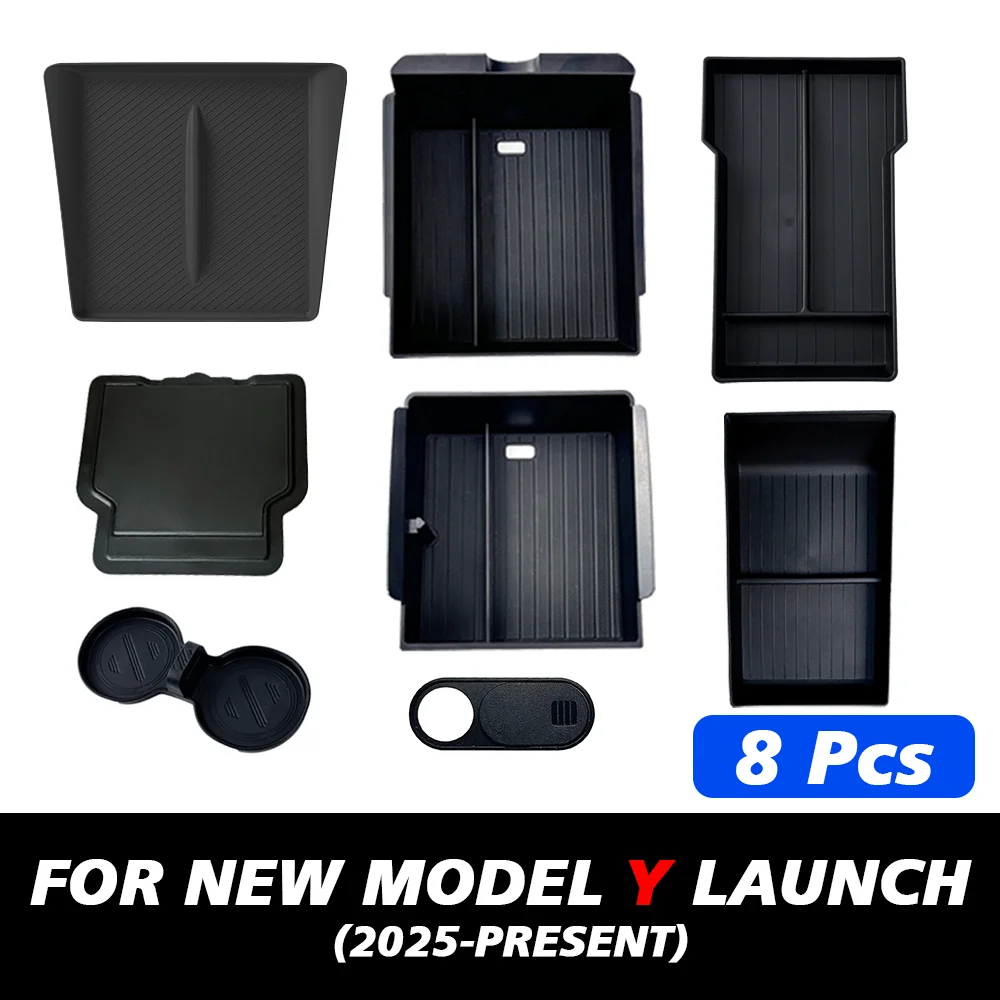 Pour Tesla nouveau modèle Y 2025 lancement jépine ABS avec tapis antidérapant en Silicone Console et accoudoir boîte de rangement tasse d'eau supérieure et inférieure