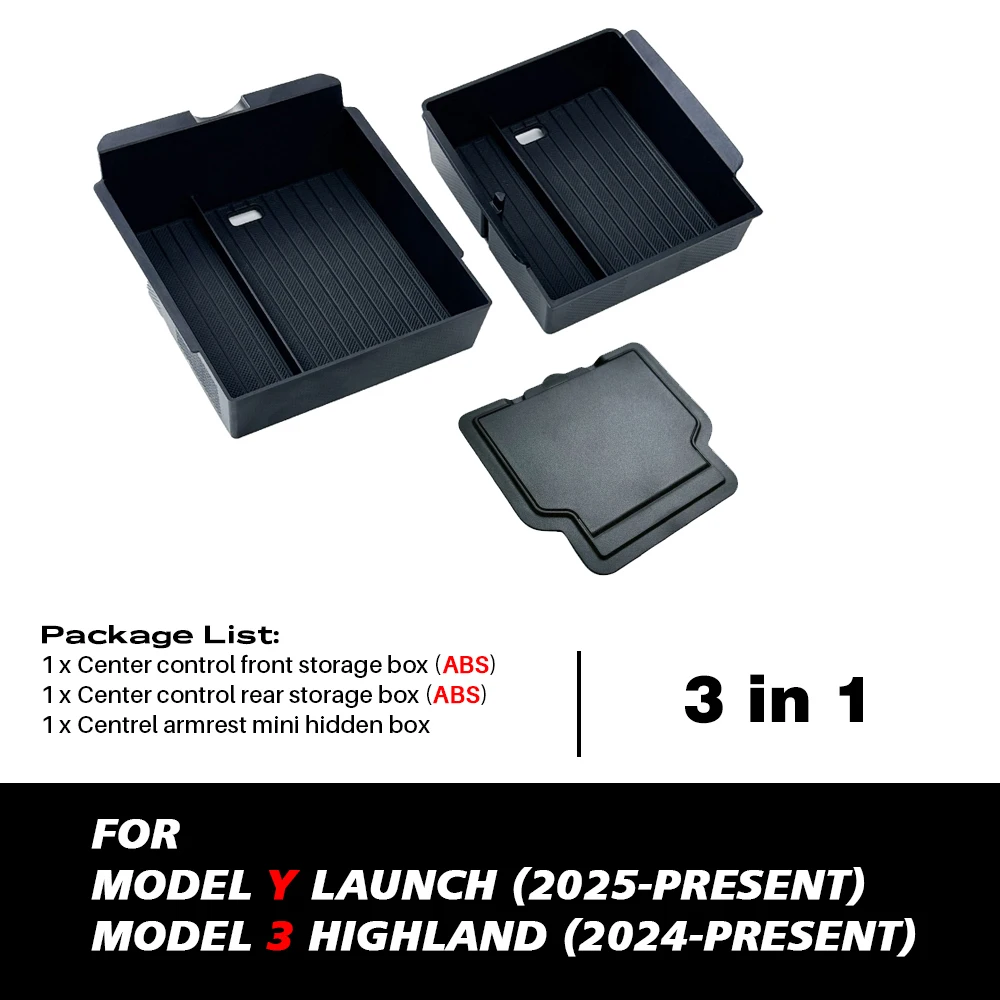 Pour Tesla nouveau modèle Y 2025 lancement jépine ABS avec tapis antidérapant en Silicone Console et accoudoir boîte de rangement tasse d'eau supérieure et inférieure