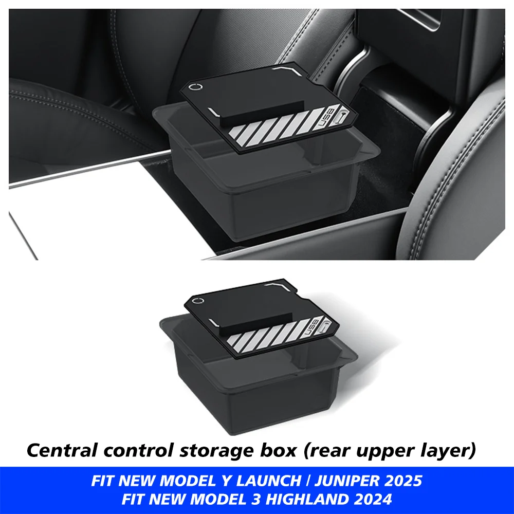 Pour Tesla nouveau modèle Y 2025 lancement jépine ABS avec tapis antidérapant en Silicone Console et accoudoir boîte de rangement tasse d'eau supérieure et inférieure
