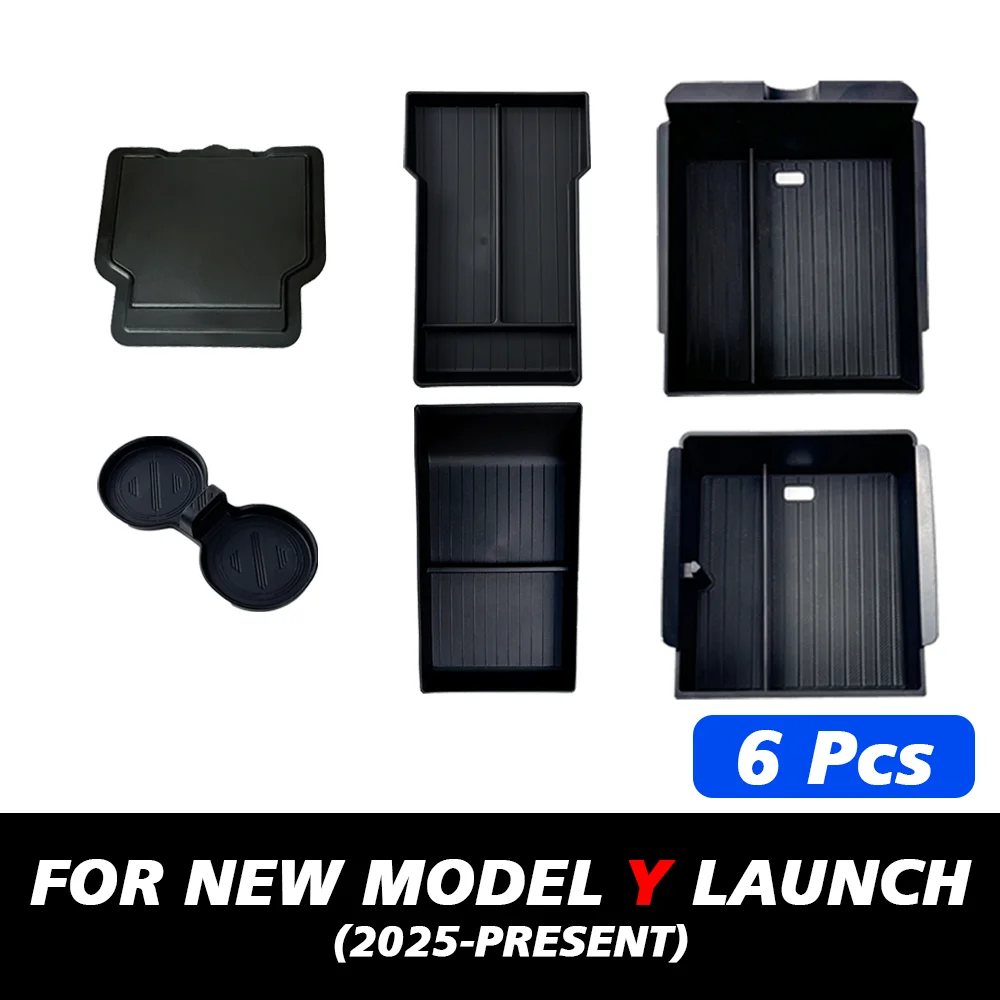 Pour Tesla nouveau modèle Y 2025 lancement jépine ABS avec tapis antidérapant en Silicone Console et accoudoir boîte de rangement tasse d'eau supérieure et inférieure