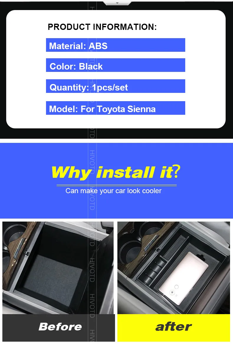 Hivotd pour Toyota Sienna accessoires accoudoir Central boîte de rangement conteneur organisateur intérieur plateau de rangement style de voiture 2011-2018