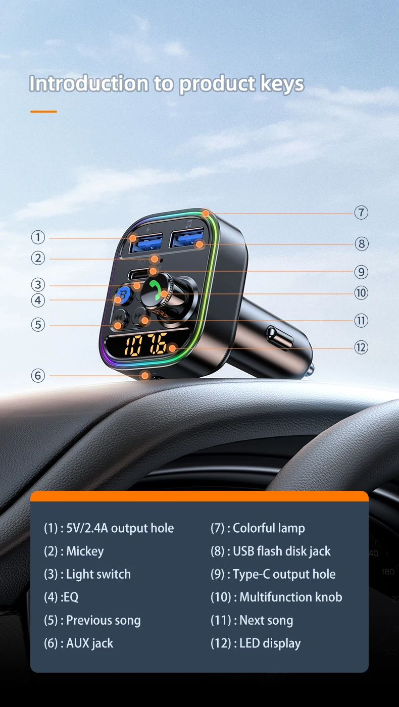 Adaptateur de voiture sans fil Bluetooth 5.3, transmetteur FM, récepteur Radio AUX, lecteur MP3, appel mains libres, USB type-c, chargeur de voiture