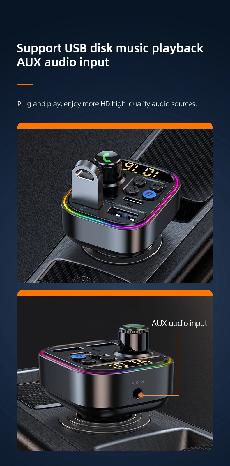 Adaptateur de voiture sans fil Bluetooth 5.3, transmetteur FM, récepteur Radio AUX, lecteur MP3, appel mains libres, USB type-c, chargeur de voiture