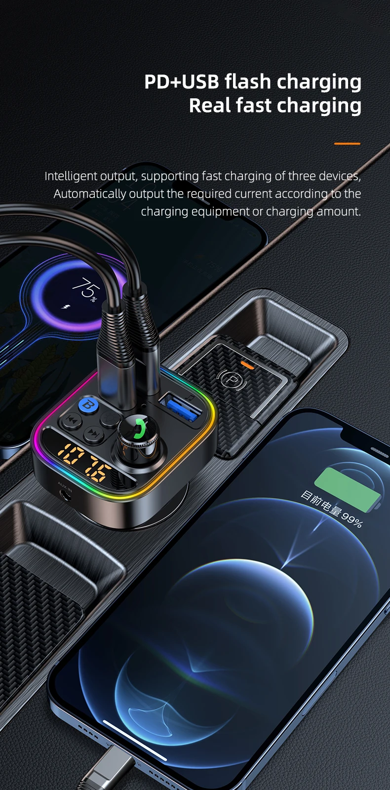 Adaptateur de voiture sans fil Bluetooth 5.3, transmetteur FM, récepteur Radio AUX, lecteur MP3, appel mains libres, USB type-c, chargeur de voiture