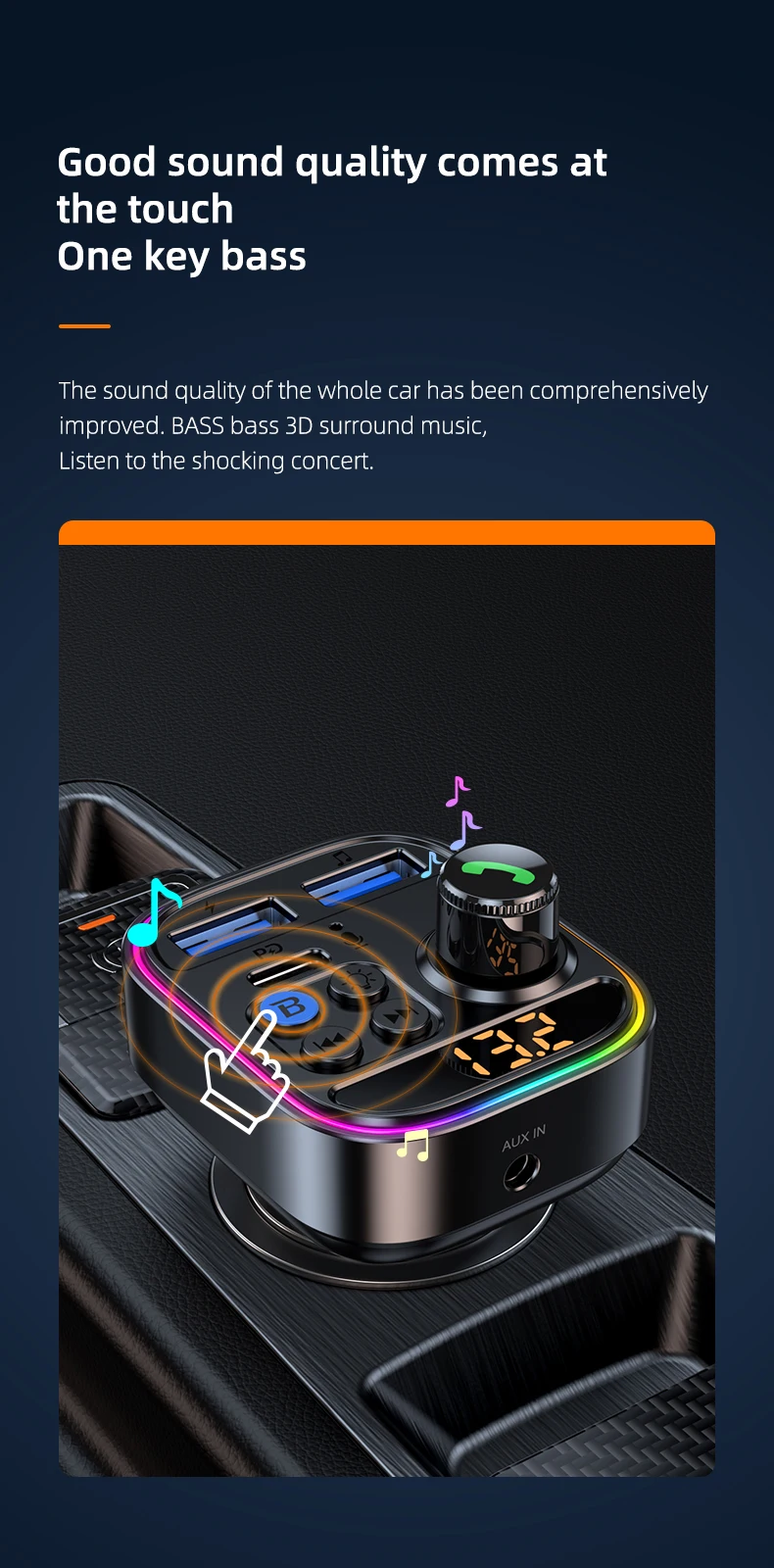 Adaptateur de voiture sans fil Bluetooth 5.3, transmetteur FM, récepteur Radio AUX, lecteur MP3, appel mains libres, USB type-c, chargeur de voiture