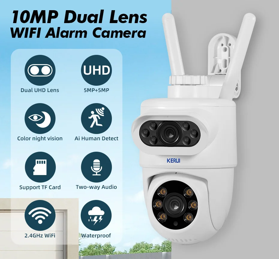 KERUI Extérieur 10MP 5K HD Double Objectif WiFi Caméra IP Tuya Smart PTZ Sans Fil Sécurité Domestique CCTV Vidéosurveillance Détection Humaine