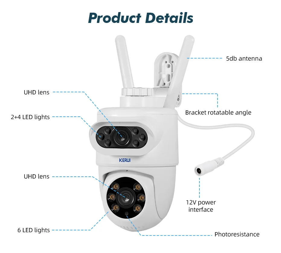 KERUI Extérieur 10MP 5K HD Double Objectif WiFi Caméra IP Tuya Smart PTZ Sans Fil Sécurité Domestique CCTV Vidéosurveillance Détection Humaine