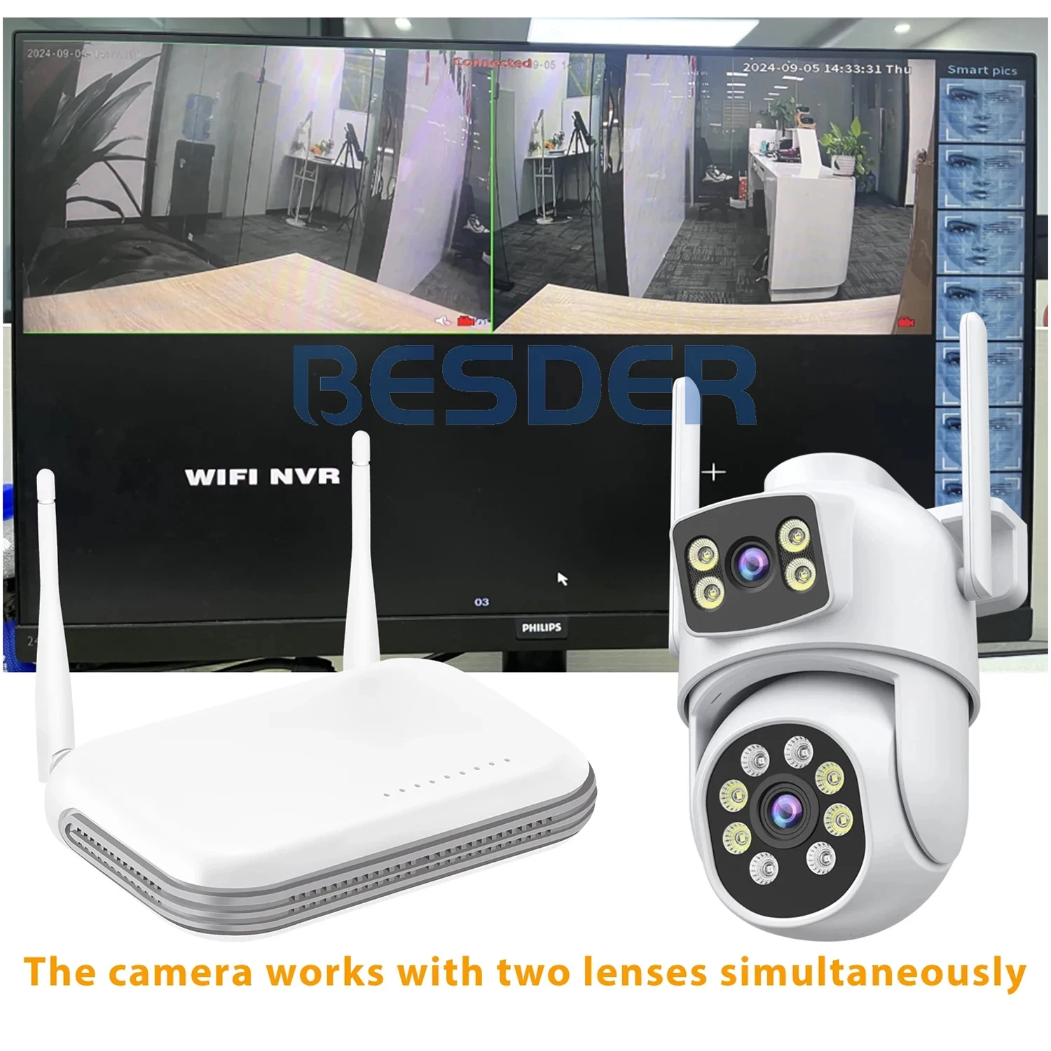 BESDER-Caméra de surveillance extérieure PTZ IP WiFi 4K 8MP/4K, dispositif de sécurité sans fil, avec lentilles, détection humaine, audio et application O-Kam Pro