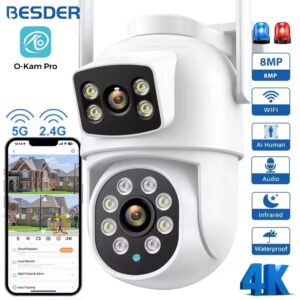 BESDER-Caméra de surveillance extérieure PTZ IP WiFi 4K 8MP/4K, dispositif de sécurité sans fil, avec lentilles, détection humaine, audio et application O-Kam Pro
