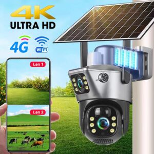 Caméra solaire avec carte Sim 4G, double objectif, pour l'extérieur, 8mp, 4K, batterie faible consommation, IP, Vision nocturne PIR, V380 Pro, Protection de sécurité CCTV